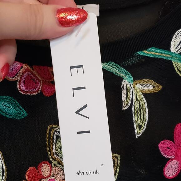 Elvi Black & Pink Flower Embroidered Long Bell Sleeve Mesh Sheer Blouse Plus 14 - Picture 7 of 8